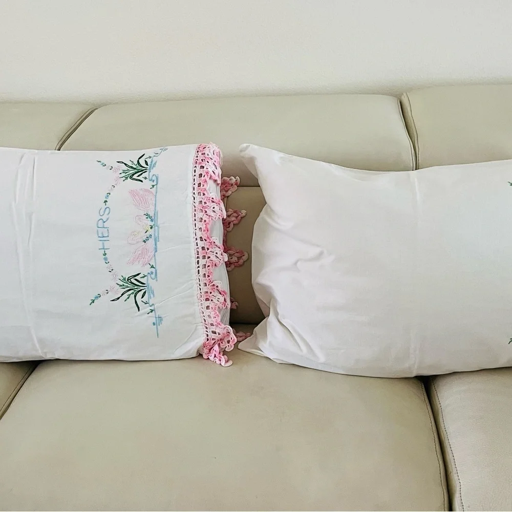 Embroidered White Pillow with Pink Accents 20/25 inches